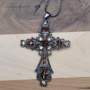Large Vintage Silver Tone Cross Pendant Necklace With Amber Color Rhinestones